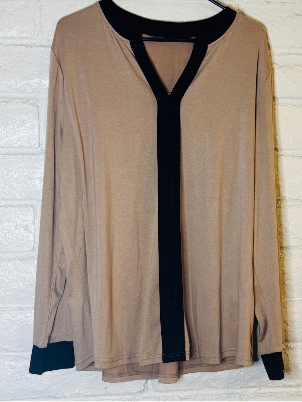 Taupe Long Sleeve V Neck Top with Black Trim